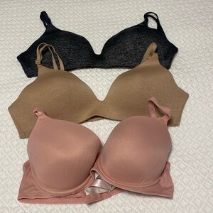 3 Victoria Secret Bras one gray, 1 tan and one pink